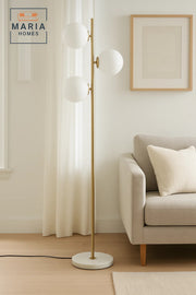 Gold Floor Lamp with Three Globe Lights and Marble Base