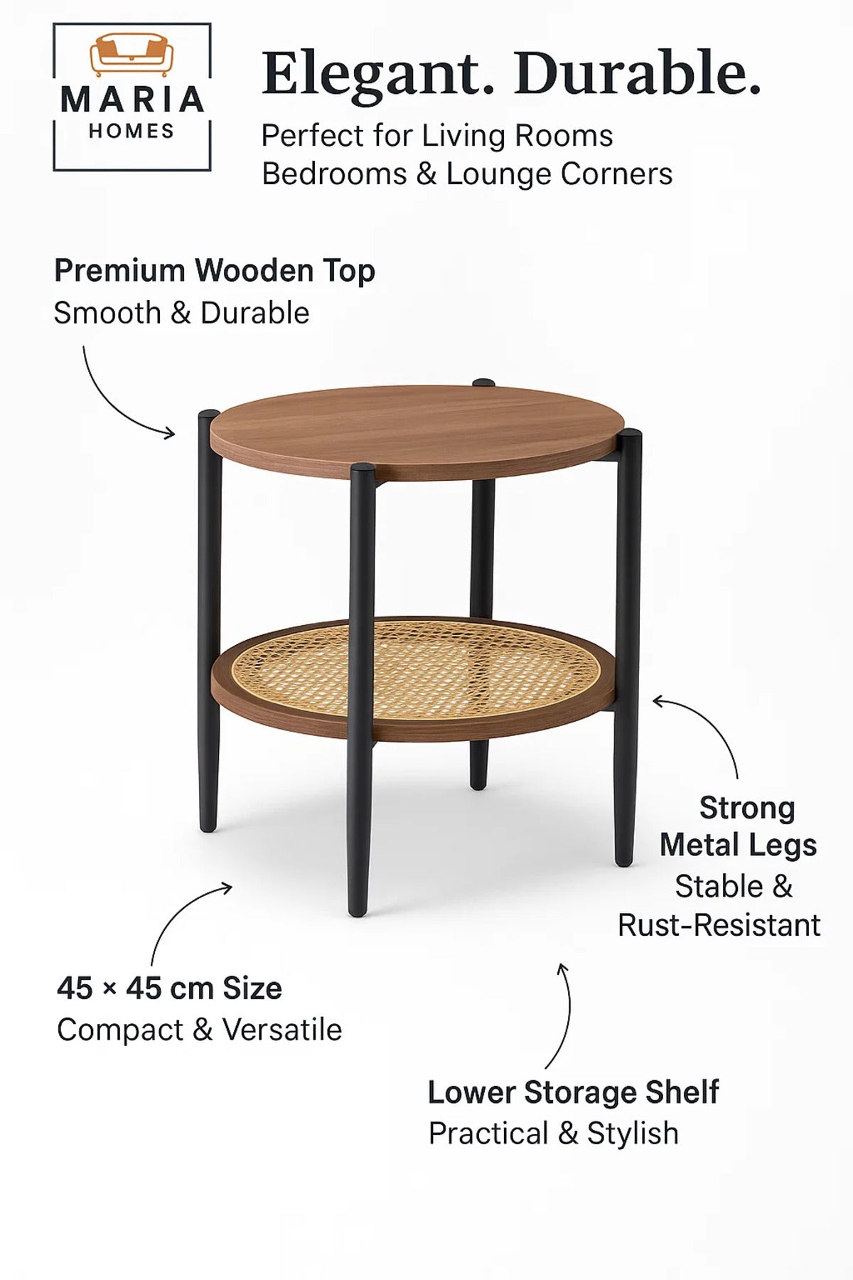 Modern Brown Side Table √ê Round Coffee Table with Rattan Storage Shelf 45_45_55 cm