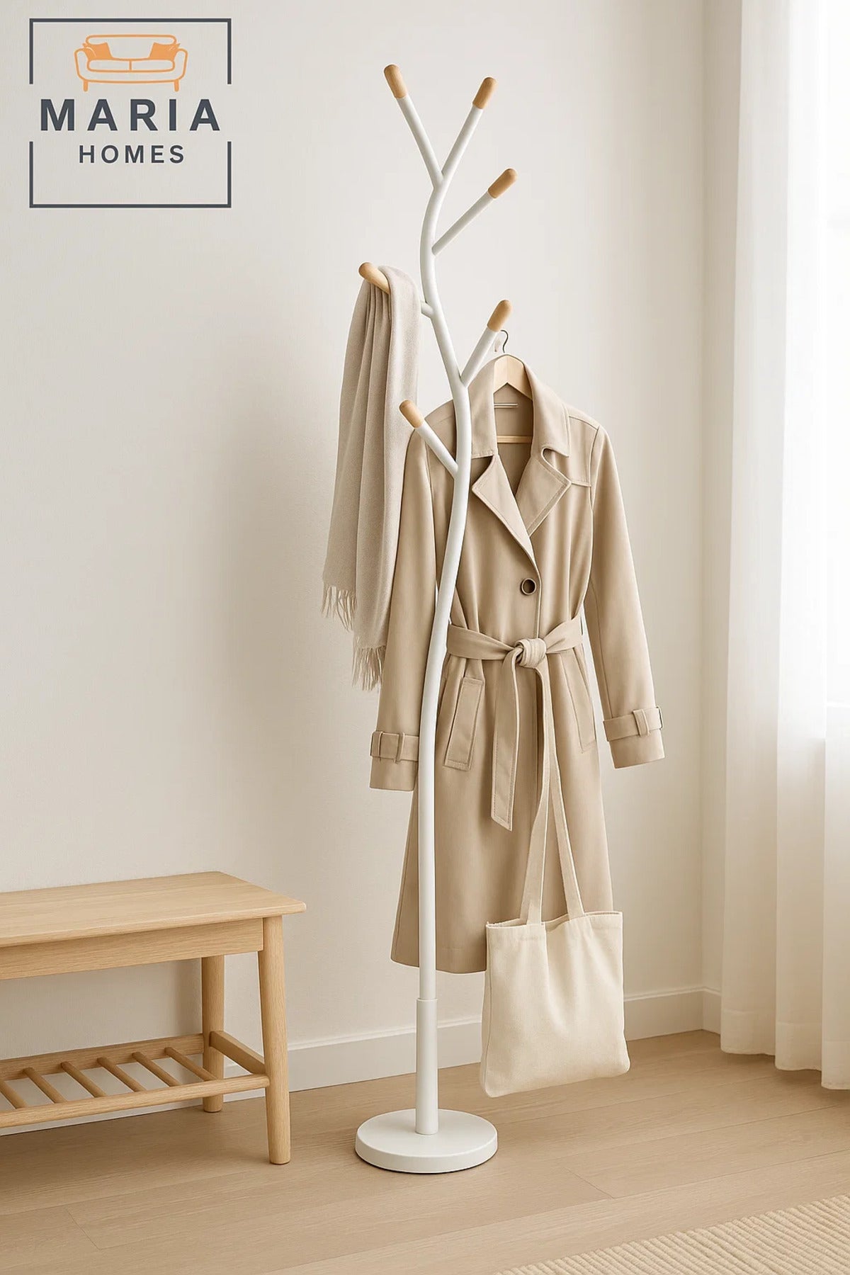 Curved Tree-Inspired White Metal Coat Rack with Wood-Tip Hooks