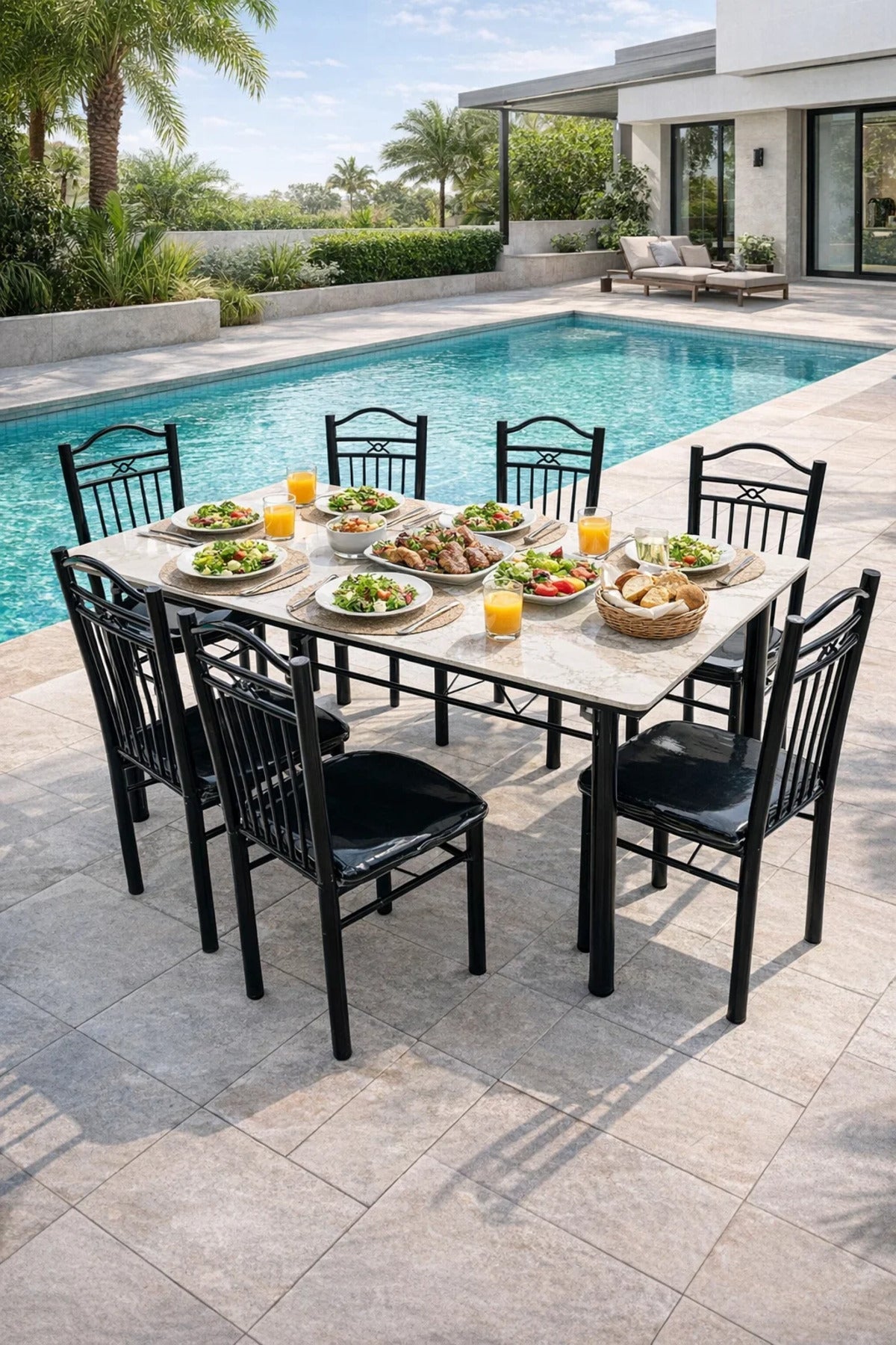 Elegant Beige Marble Dining Table Set with 6 Black Cushioned Chairs Modern Dining Furniture