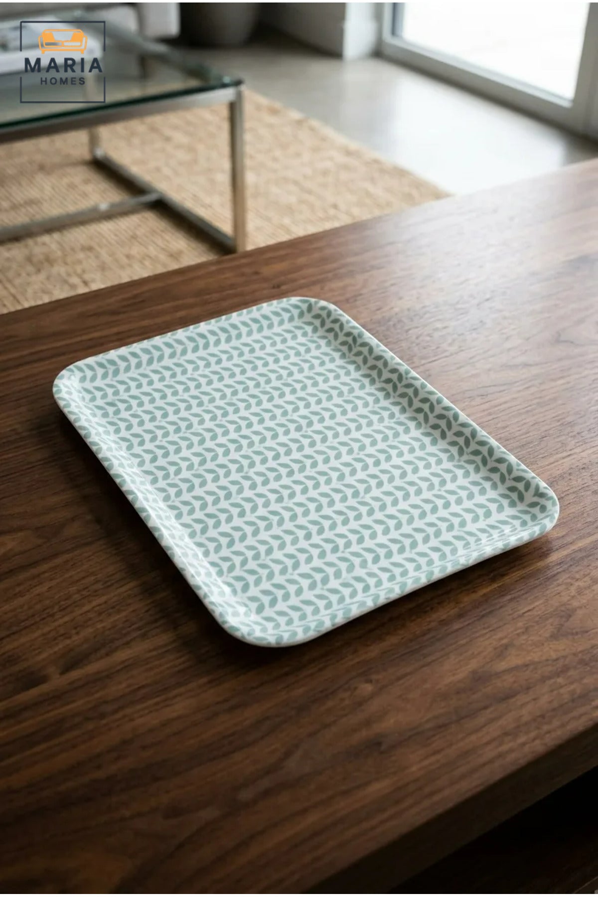 Rectangular Serving Tray with Leaf Pattern, Raised Edges and Rounded Corners, Multipurpose Food Tray for Kitchen, Dining, Café and Restaurant