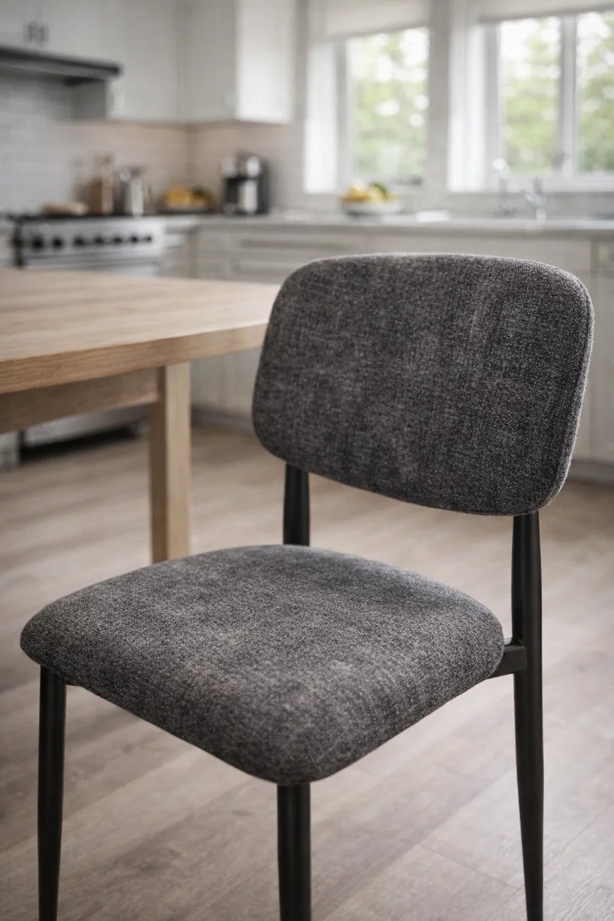 Dark Brown Upholstered Dining Chair with Black Legs Modern Fabric Dining Chair