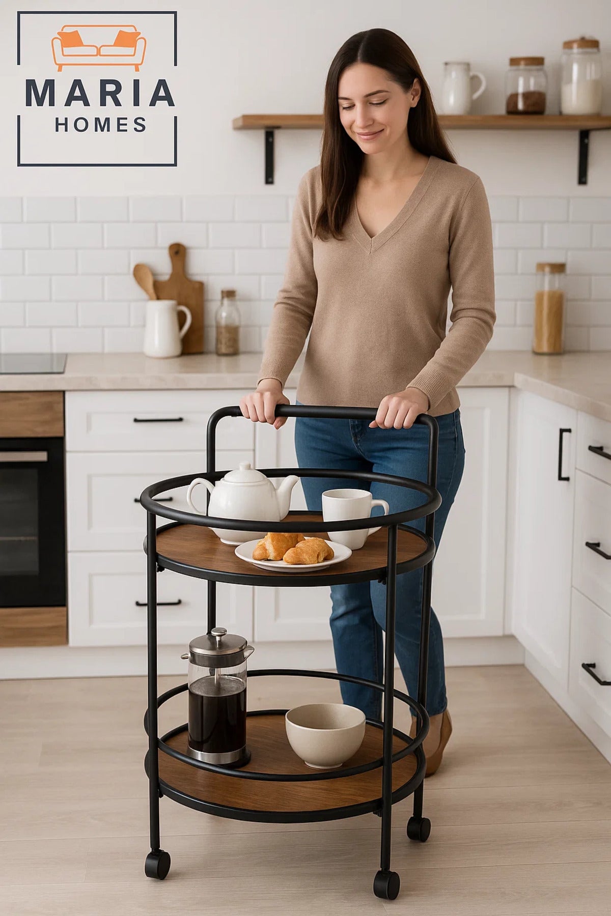 Round 2-Tier Wooden Serving Trolley with Black Metal Frame and Wheels
