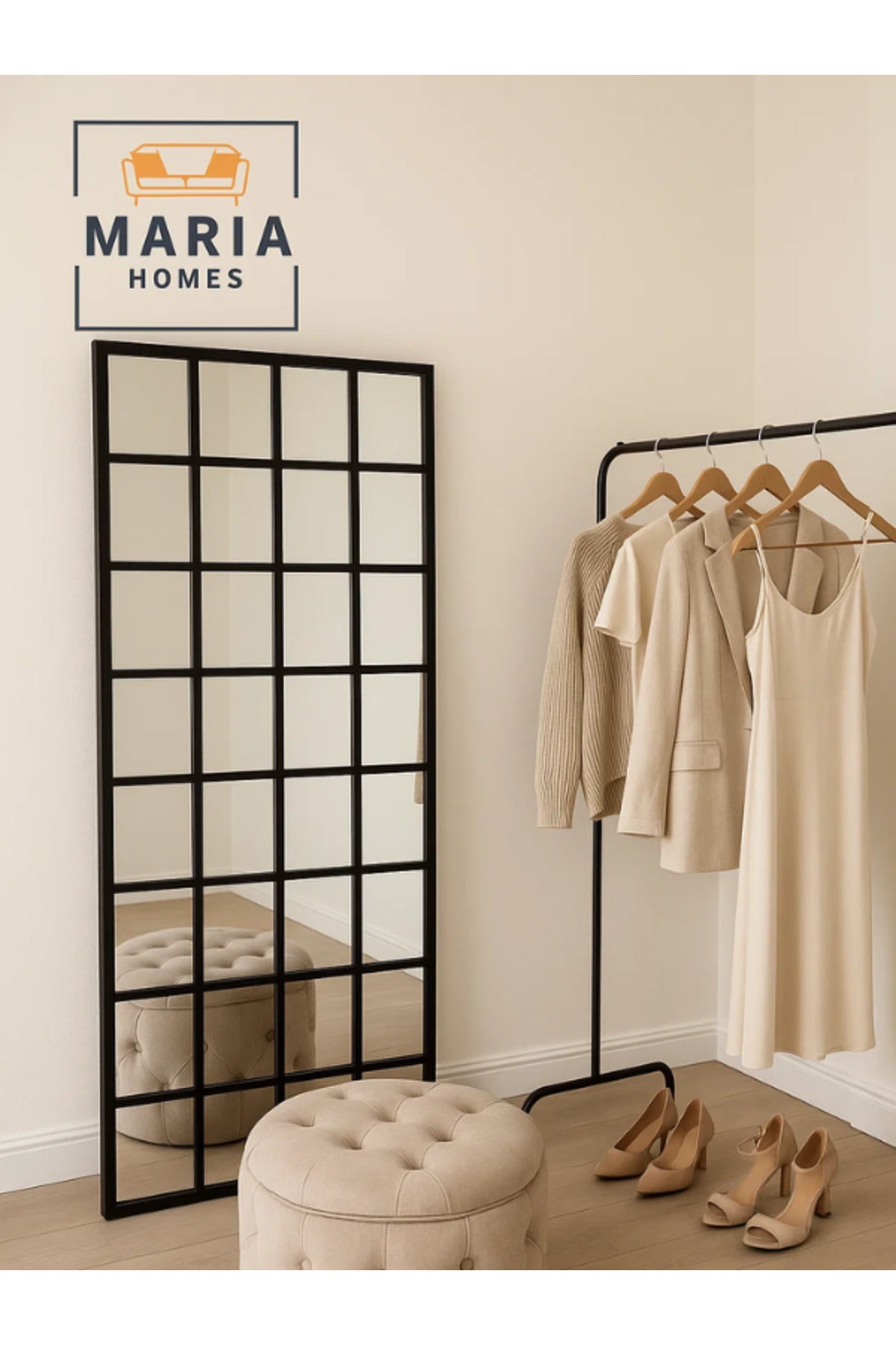 Black Wooden Frame Wall Mirror with Grid Design Ð Decorative Full-Length Mirror (180_80 cm)