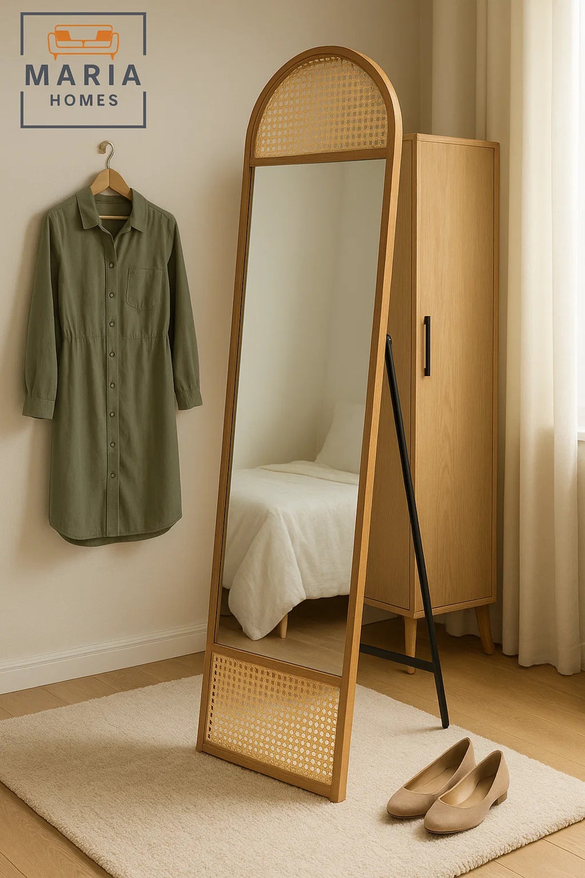 Arched Rattan Full-Length Standing Mirror Natural Wood Frame Mirror for Bedroom & Dressing Area