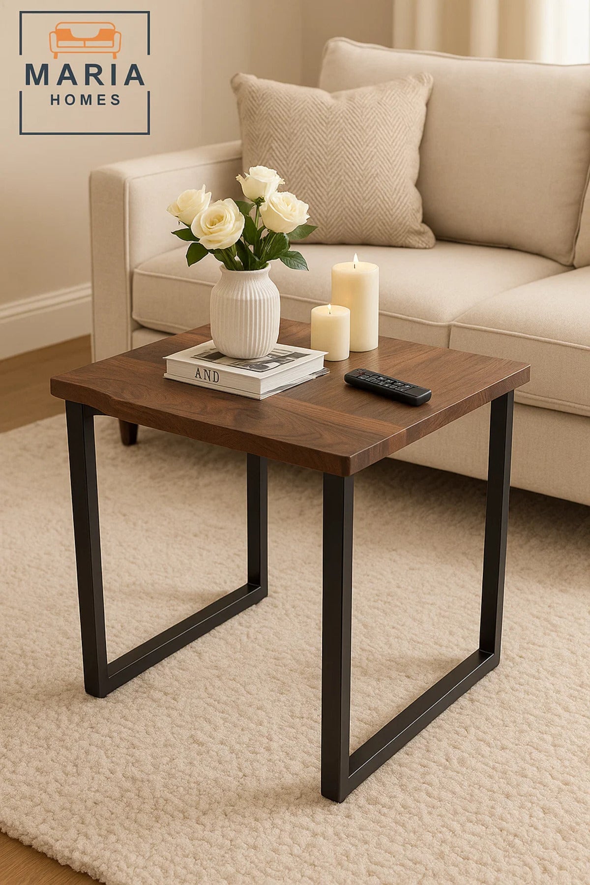 Square Wooden Table with Live Edge and Minimal Black Frame