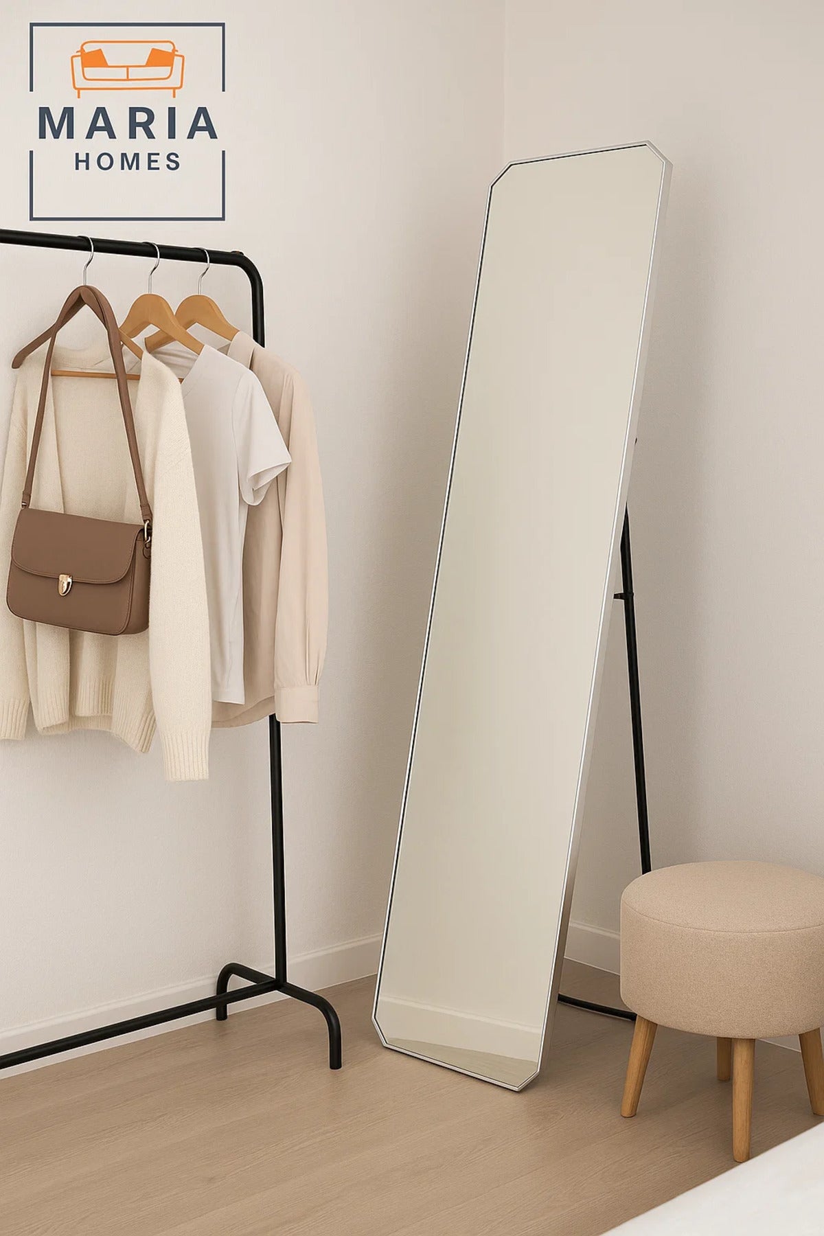 Modern Silver Full-Length Mirror with Angled Corners Ð 160x40cm Freestanding Dressing Mirror