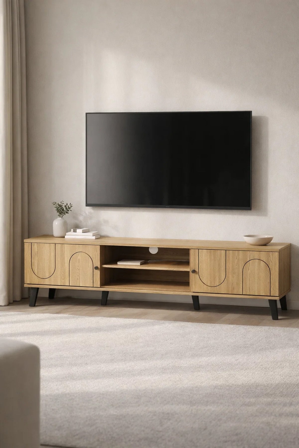 Modern Wooden TV Stand Light Brown with Curved Line Design 180 x 40 x 44 cm