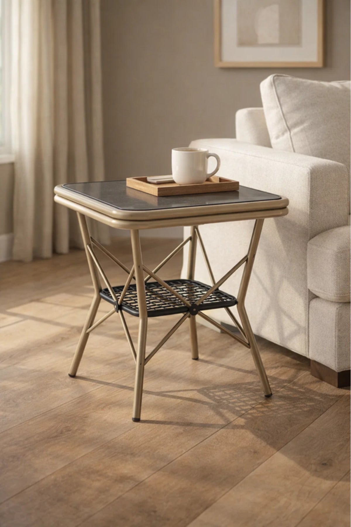 Modern Light Beige Square Table with Marble-Effect Top & Metal Cross Base