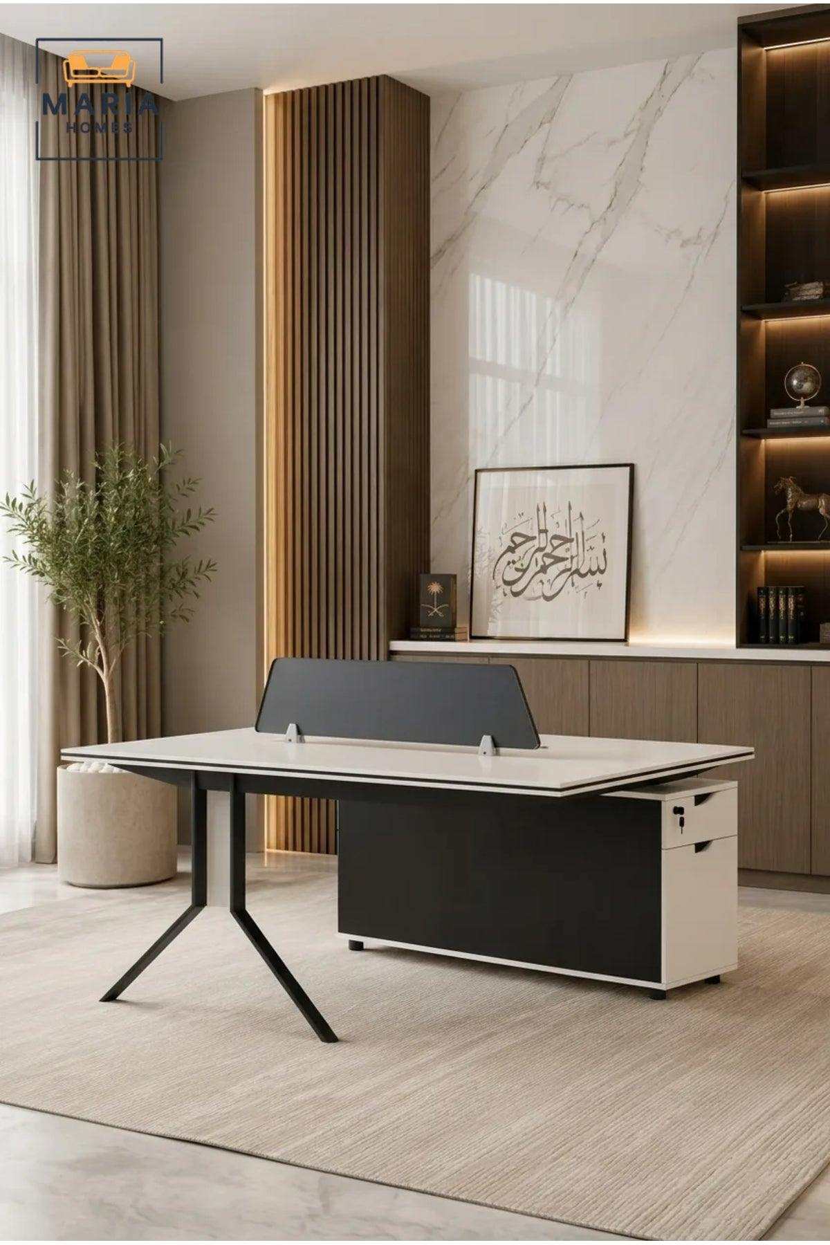 Single Person Office Workstation Desk with Mobile Storage Cabinet & Privacy Panel √ê Modern Executive Work Desk