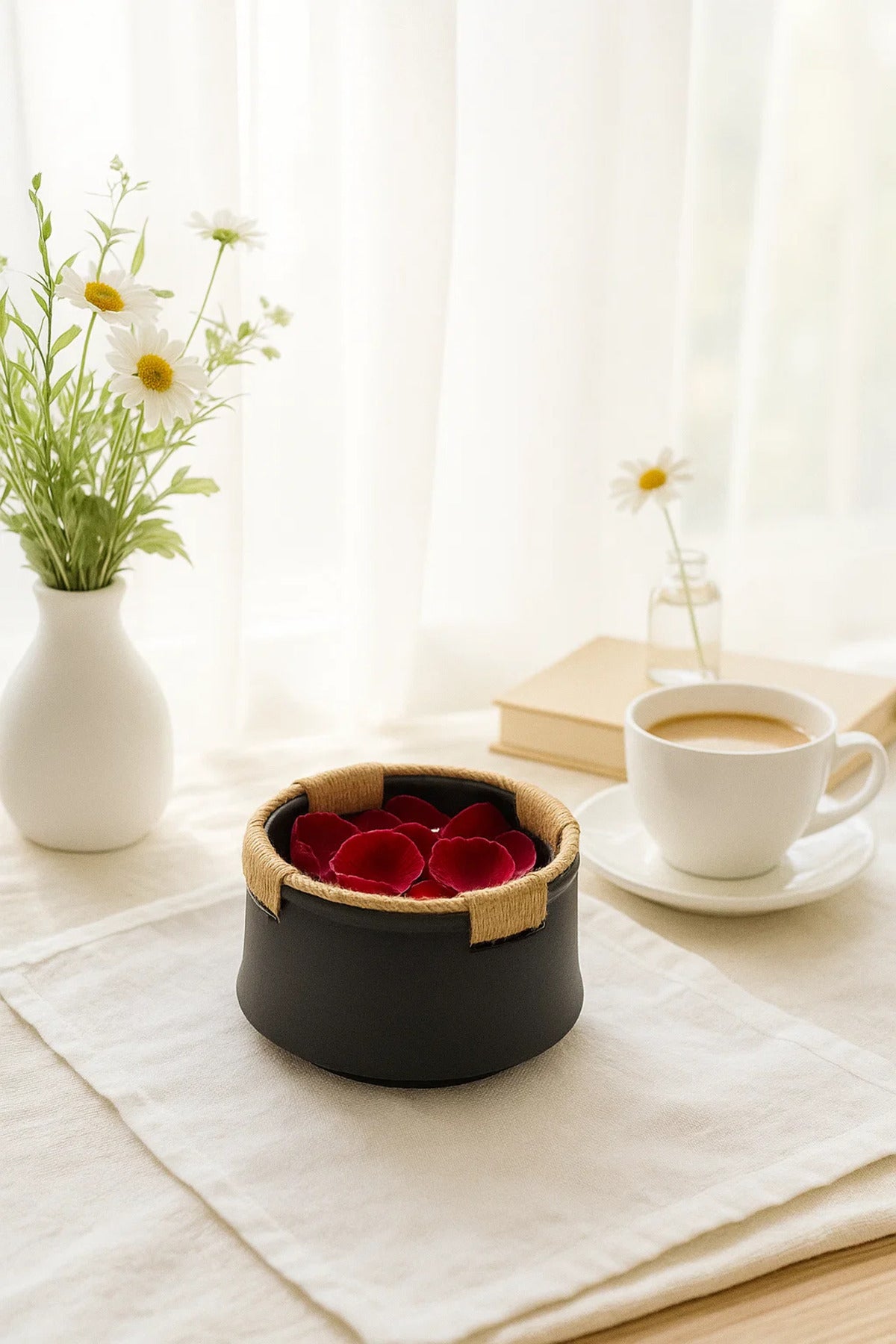 Black Ceramic Rope Rim Planter Ð Modern Decorative Bowl Pot with Twine for Home and Office DŽcor