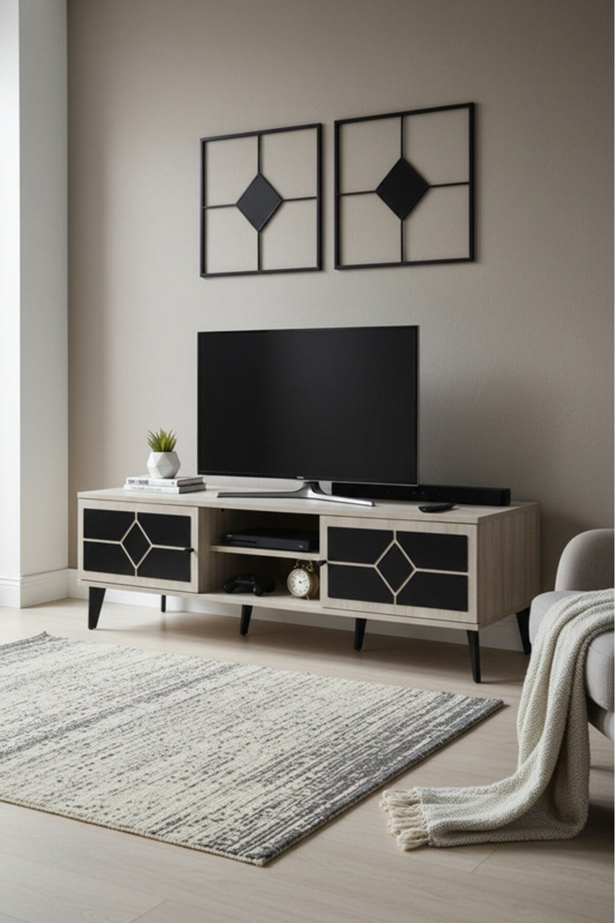 Modern Beige.B TV Table with Open Shelves & Storage Cabinets