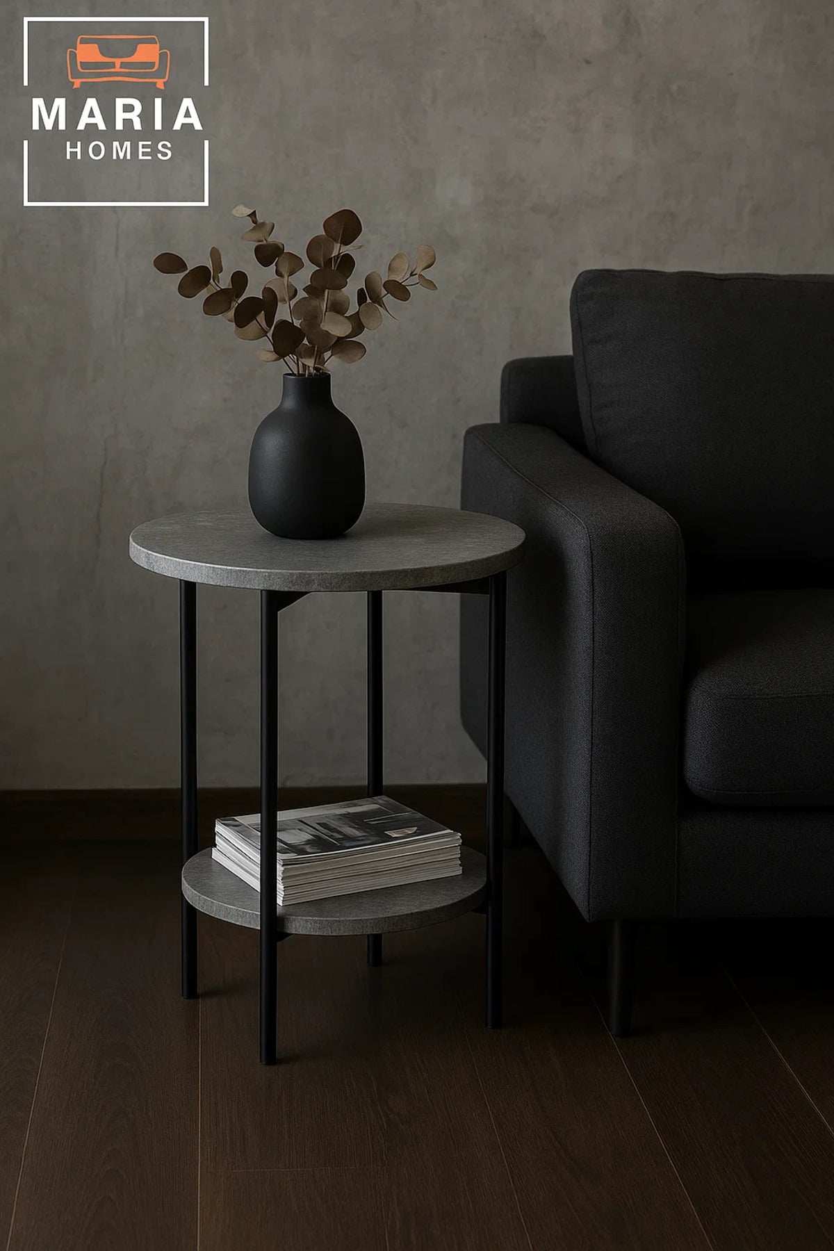 Round Stone-Texture Side Table with Lower Shelf and Black Metal Frame