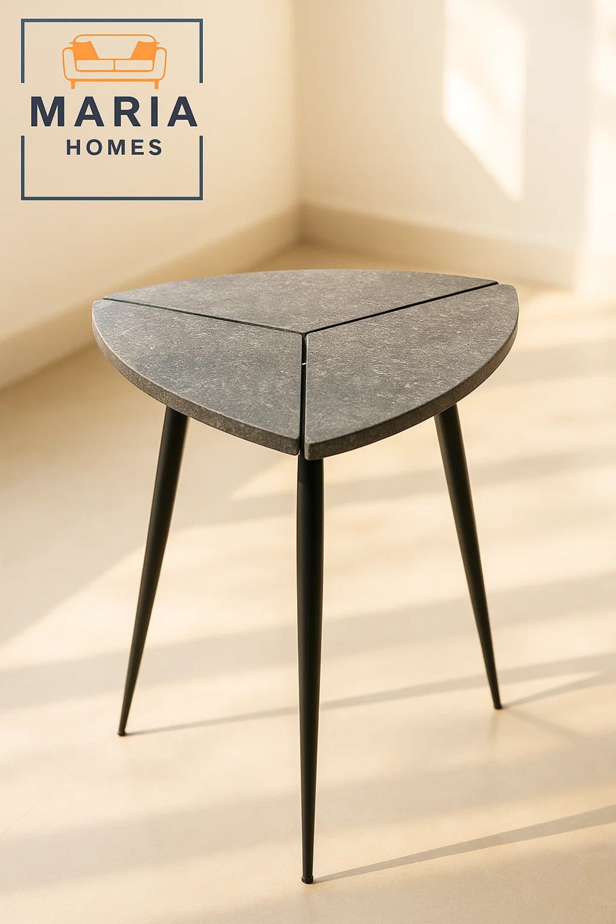 Triangular Side Table with Stone-Effect Top and Slim Black Metal Legs