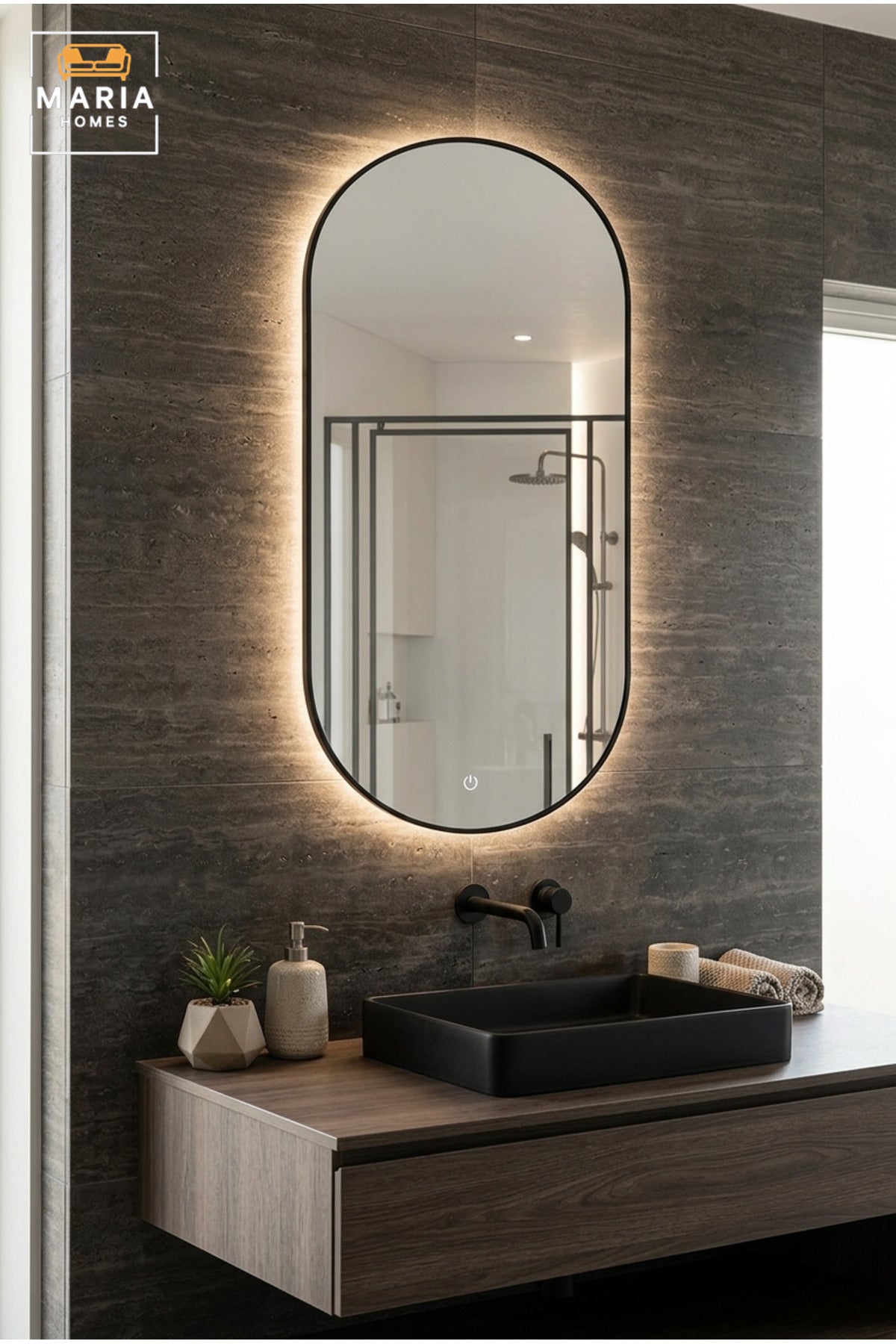 Modern Capsule-Shaped LED Wall Mirror with Touch Sensor, Backlit Framed Decorative Mirror for Bathroom, Bedroom, Vanity and Dressing Room