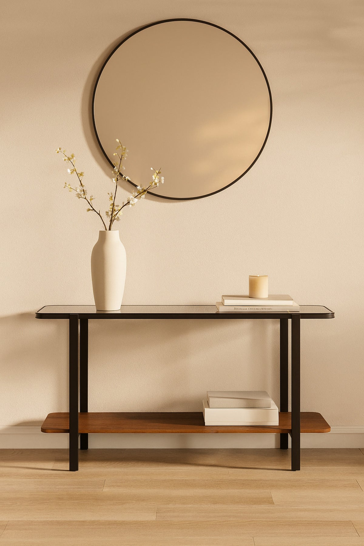 Modern Console Table with Glass Top Ð 140_40_80 cm | Brown Wood Shelf and Black Metal Frame