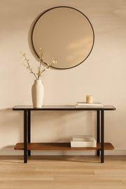 Modern Console Table with Glass Top Ð 140_40_80 cm | Brown Wood Shelf and Black Metal Frame