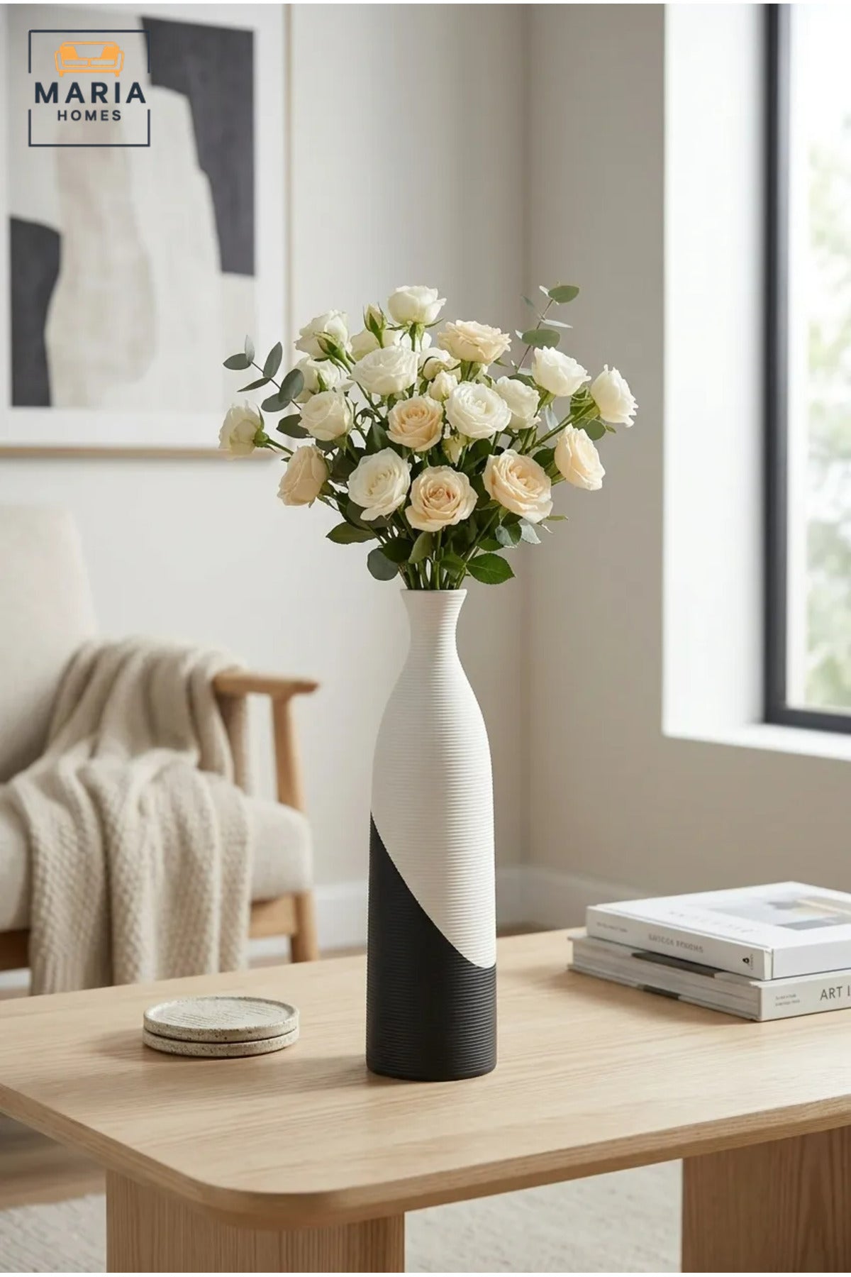 Modern Tall Decorative Flower Vase with Two-Tone Abstract Design, Slim Bottle Shape and Ribbed Texture for Living Room, Bedroom, Office and Console Décor