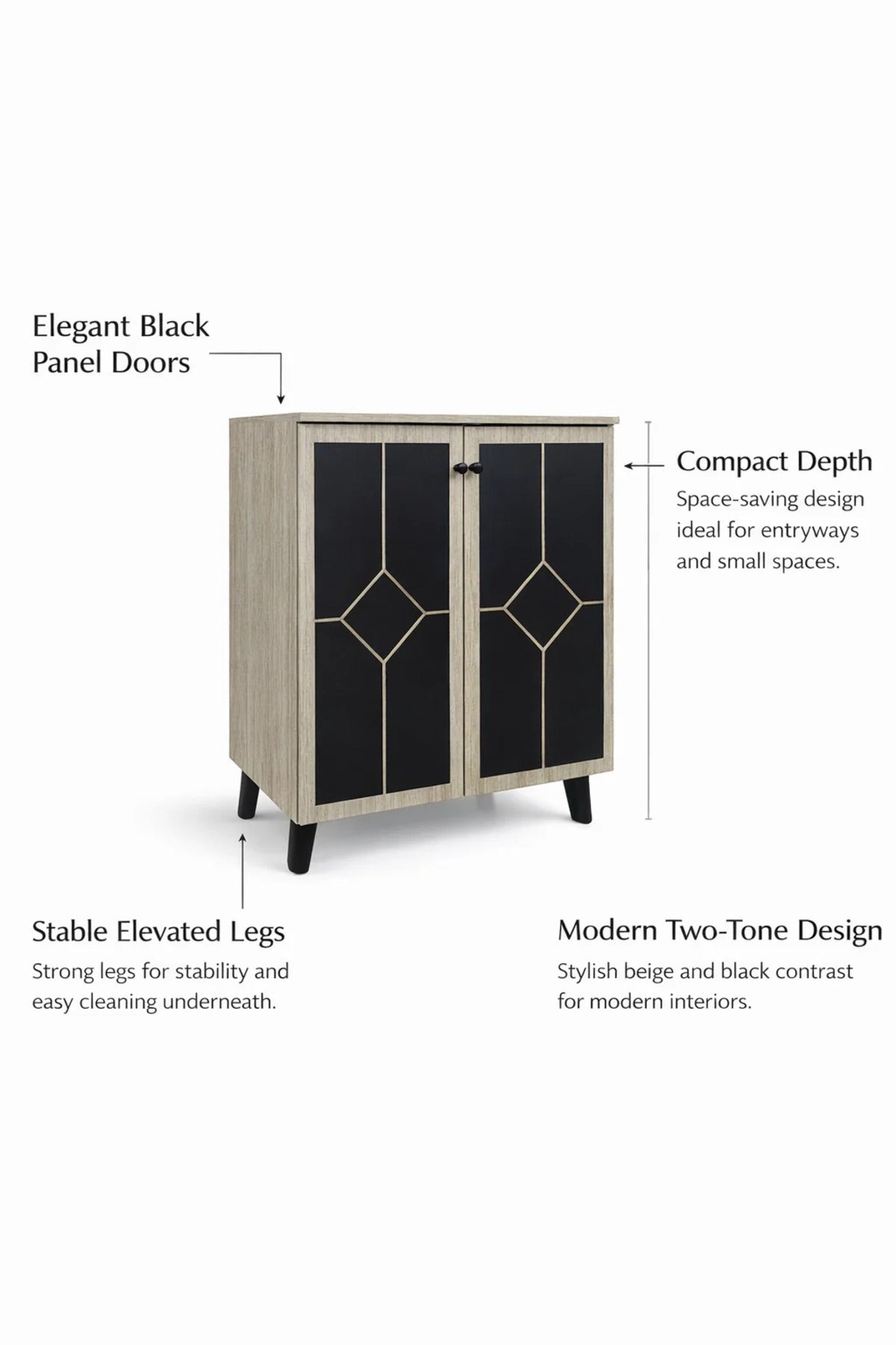 Elegant Two Door Shoe Cabinet Geometric Design Beige and Black Hallway Storage Organizer Unit Stand