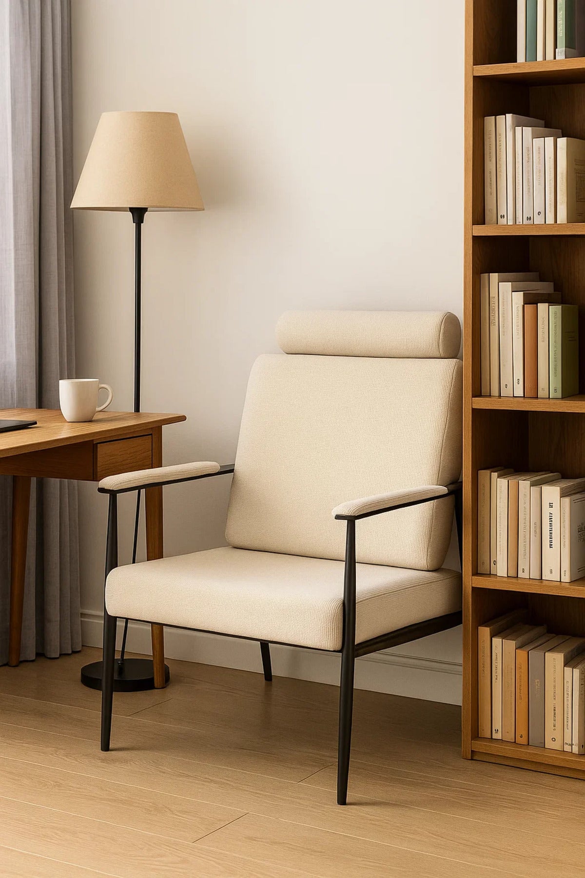 Beige Lounge Chair with Headrest | Modern Comfortable Armchair for Living Room, Office & Hotel Lobby