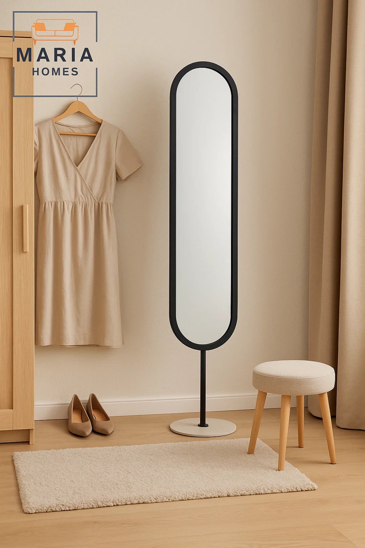 Modern Black Oval Standing Mirror Ð Full-Length Floor Mirror with Metal Frame, 169x40 cm