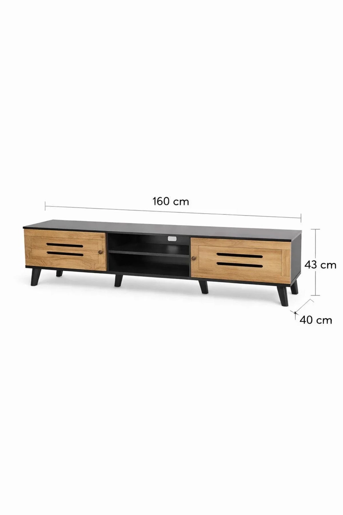 Modern Wooden TV Stand Black with Oak Front Panels 160 x 40 x 43 cm