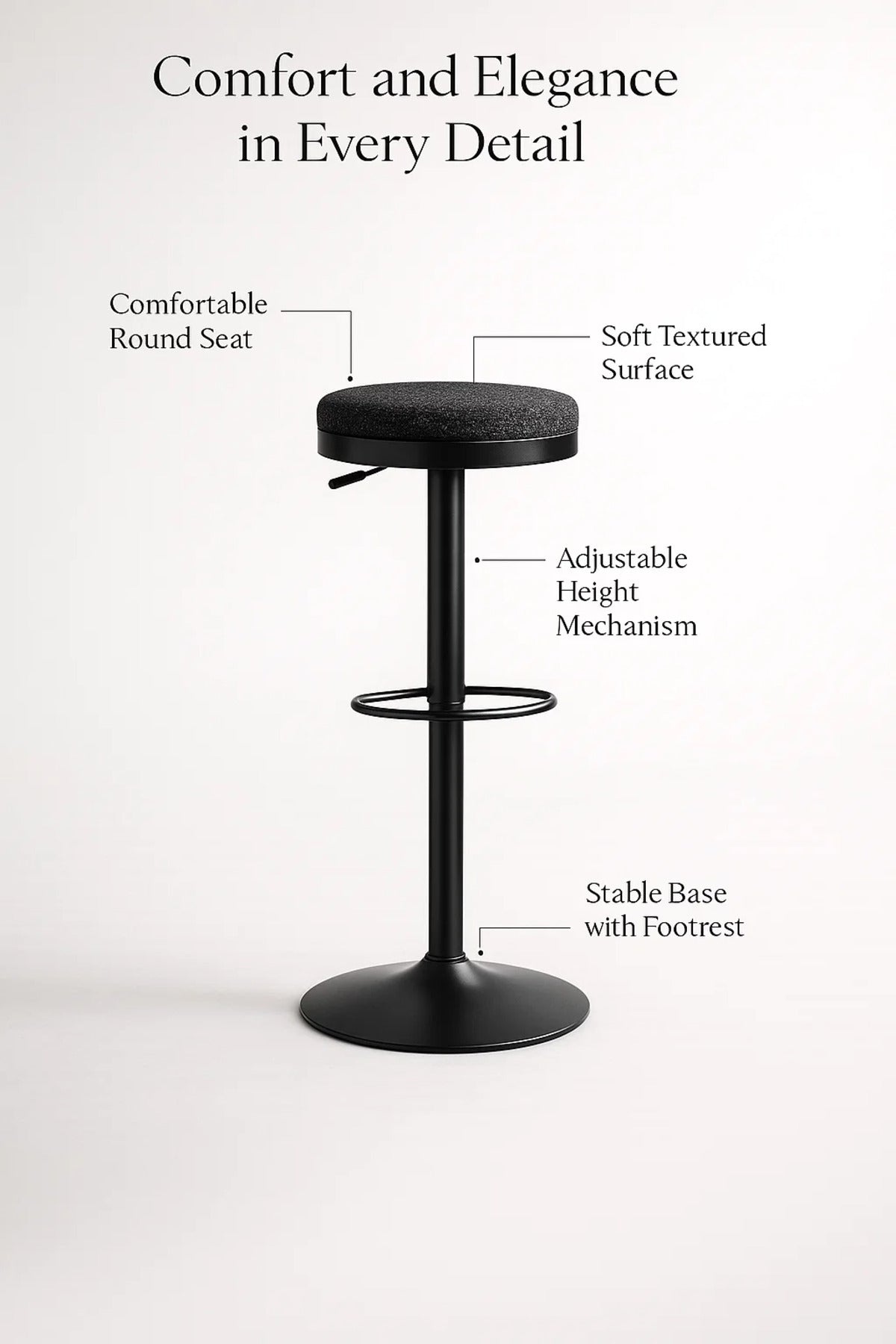 Modern Adjustable Bar Stool Black Round Seat with Footrest