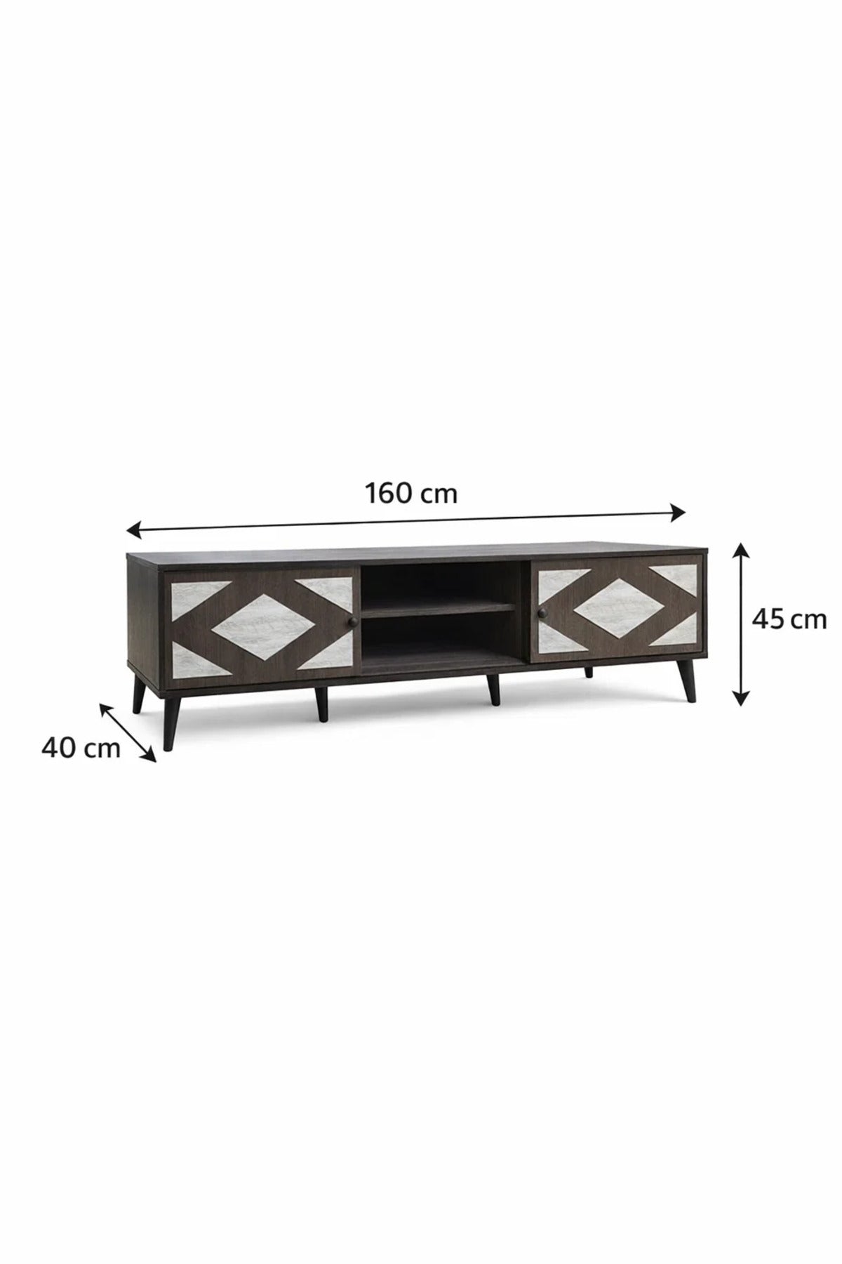 Stylish Dark Wood TV Table 160cm with Geometric Door Design and Media Storage for Living Room