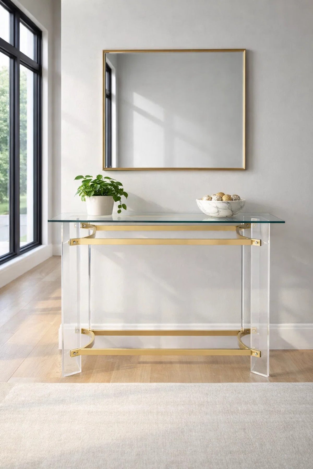 Luxury Acrylic Console Table with Gold Accents and Glass Top 120cm Modern Hallway Furniture
