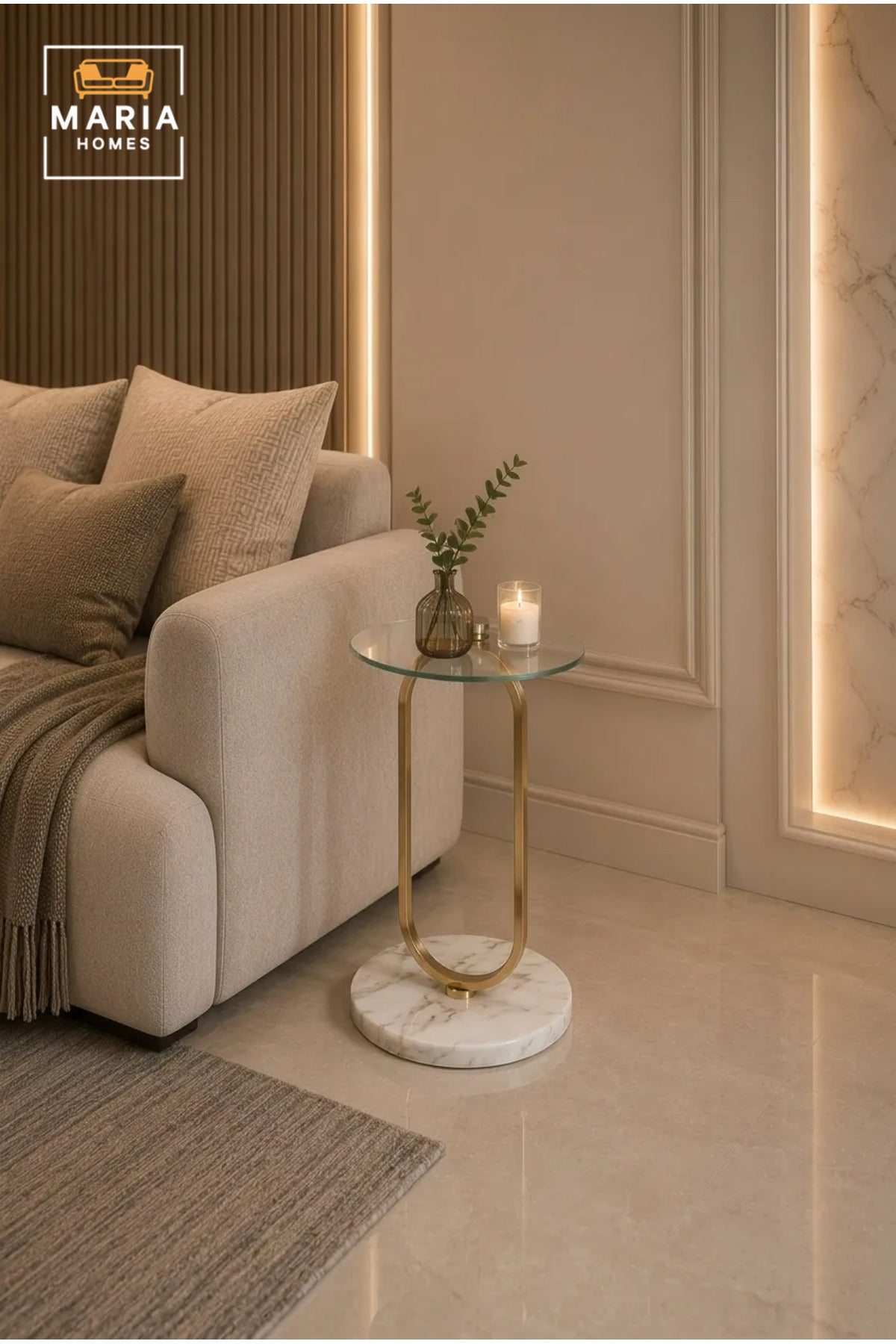 Modern Round Side Table √ê Tempered Glass Top, Gold Oval Metal Frame, Marble Base, 35x58 cm