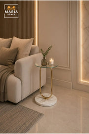 Modern Round Side Table √ê Tempered Glass Top, Gold Oval Metal Frame, Marble Base, 35x58 cm
