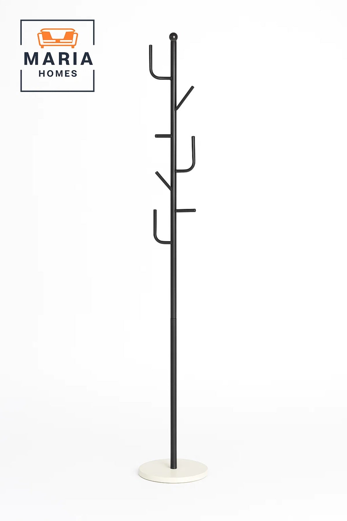 Black Metal Coat Rack with Hooks and Round Marble Base
