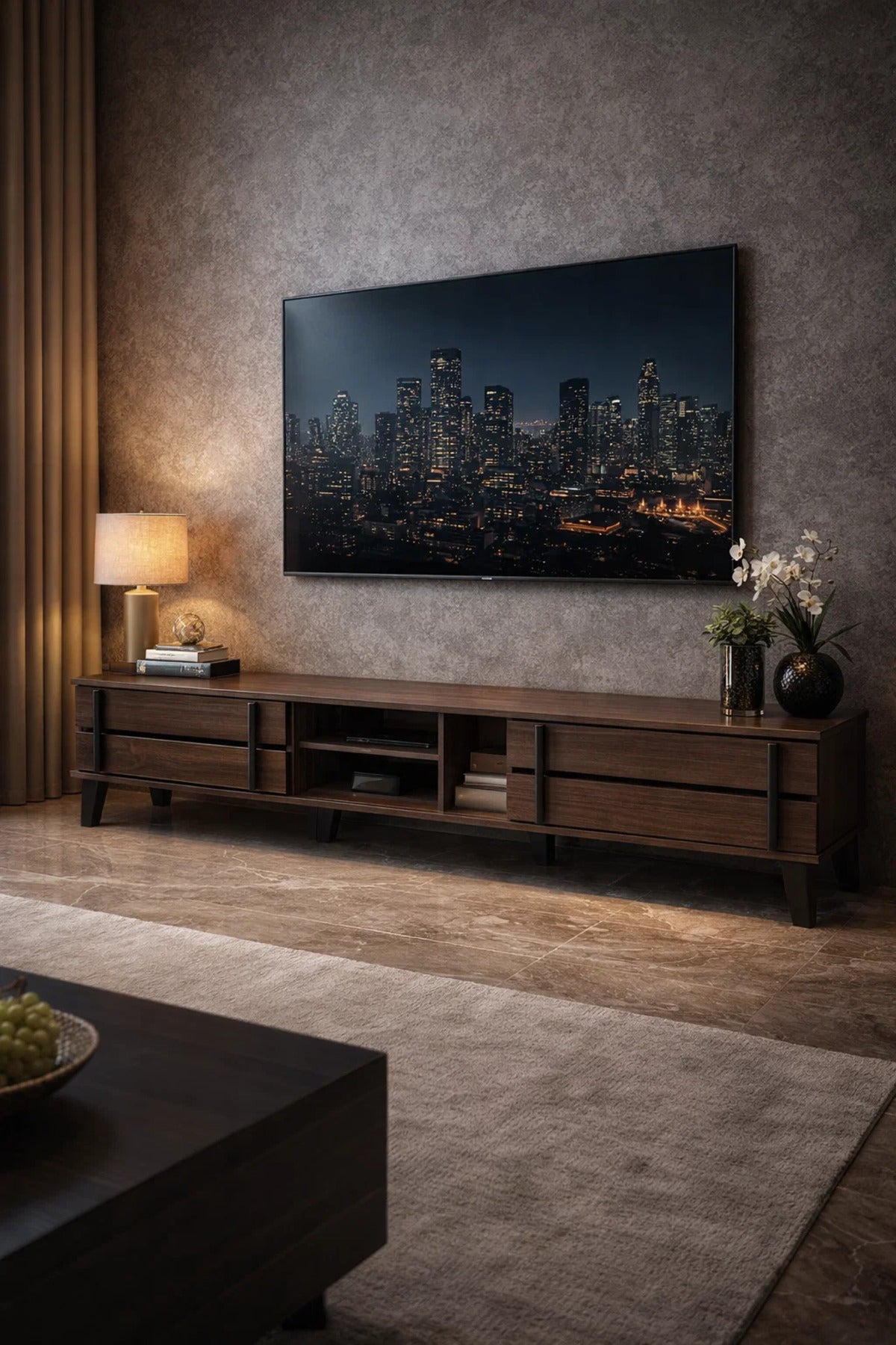 Furniture 200cm Modern TV Unit Dark Brown Wood Media Stand with Drawers for Living Room