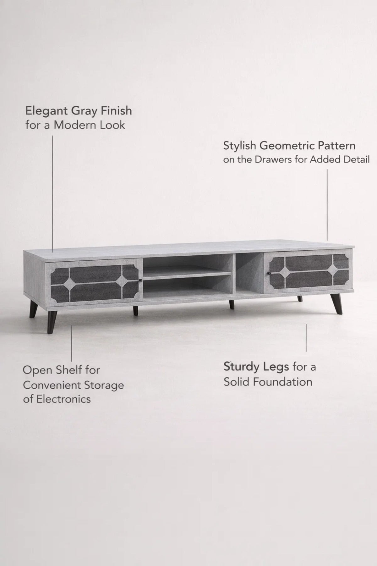 Stylish Grey TV Unit 200cm Wide Media Cabinet with Storage and Geometric Design for Living Room