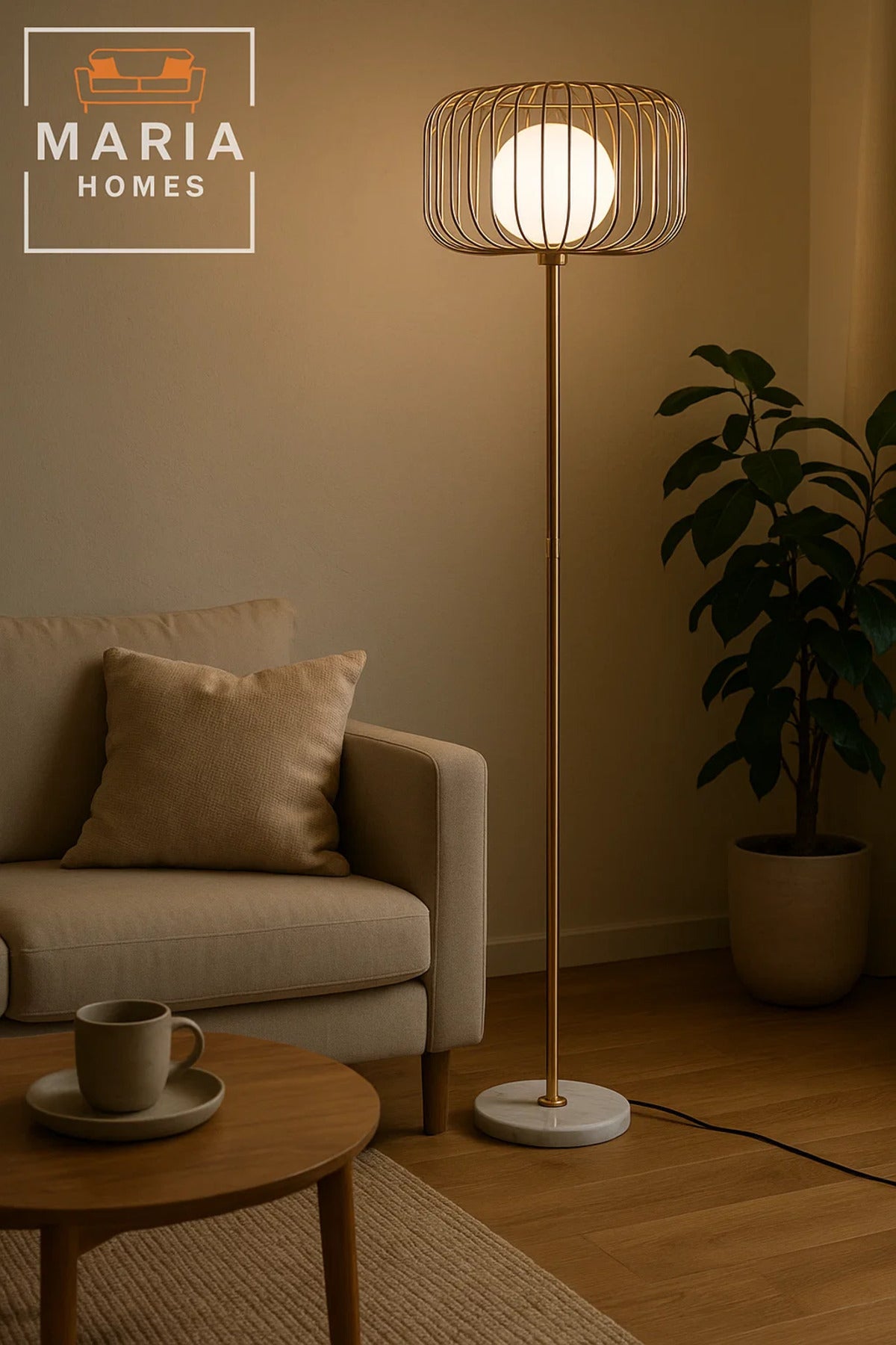 Gold Floor Lamp with Cage Shade and Marble Base
