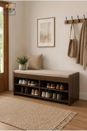 Wooden Shoe Storage Bench with Cushioned Seat and Open Shelves, Entryway Organizer Rack for Hallway, Bedroom, Dressing Room and Mudroom