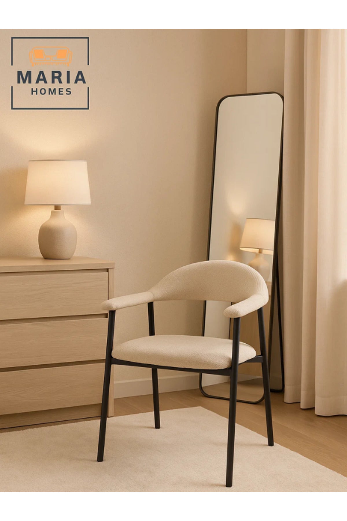 Beige Modern Dining Armchair with Black Metal Legs Ð Minimalist Accent Chair