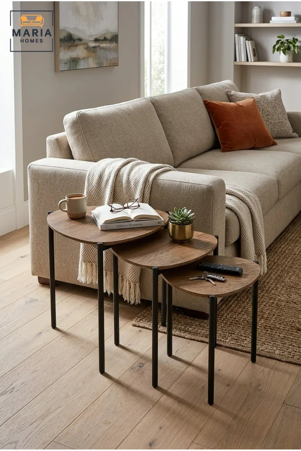 Set of 3 Nesting Coffee Tables with Wooden Tops and Slim Metal Legs, Space-Saving Side Tables for Living Room, Bedroom, Lounge and Office