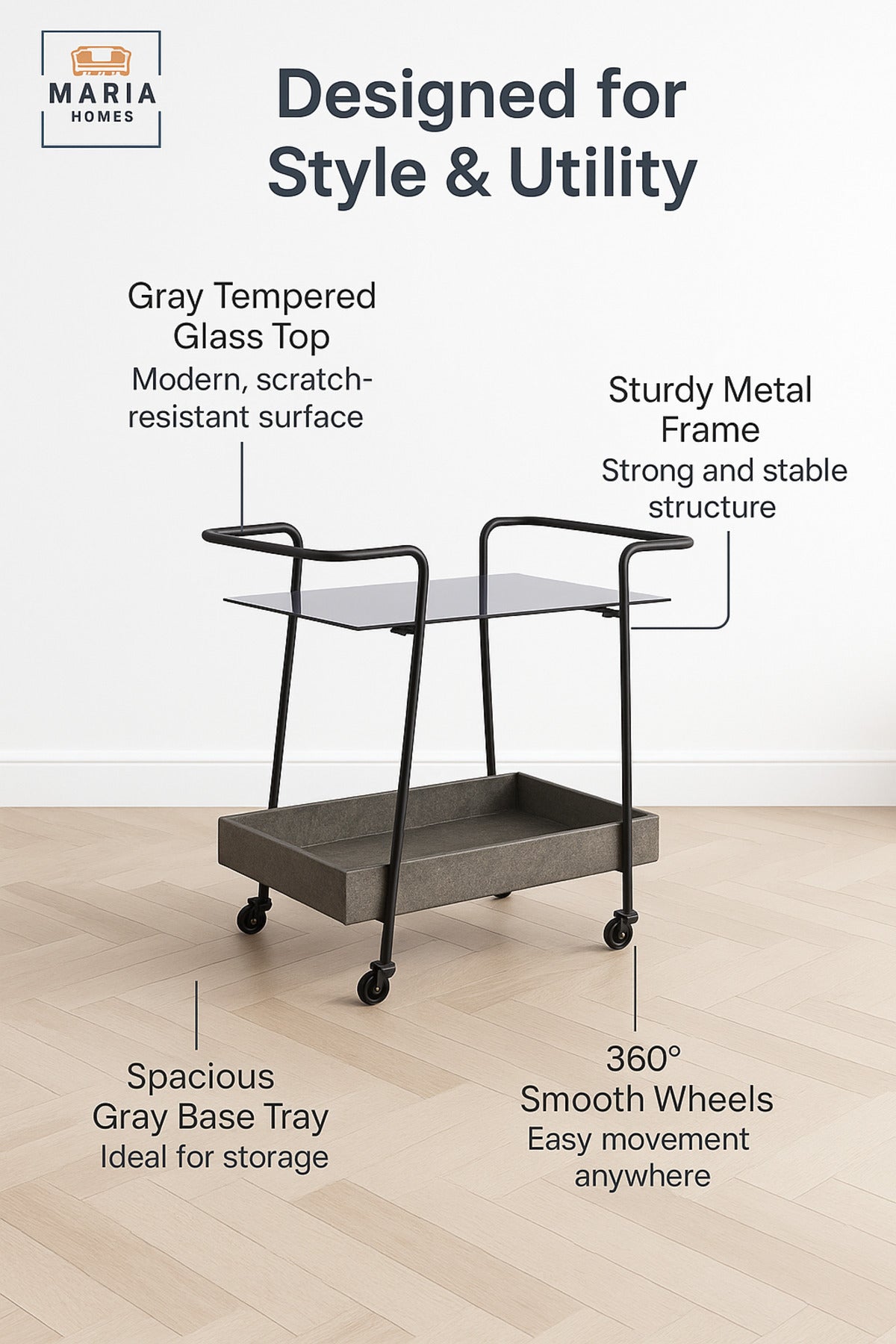 Gray Bar Trolley with Gray Glass Top Ð Modern Serving Cart with Wheels 70_45_85 cm