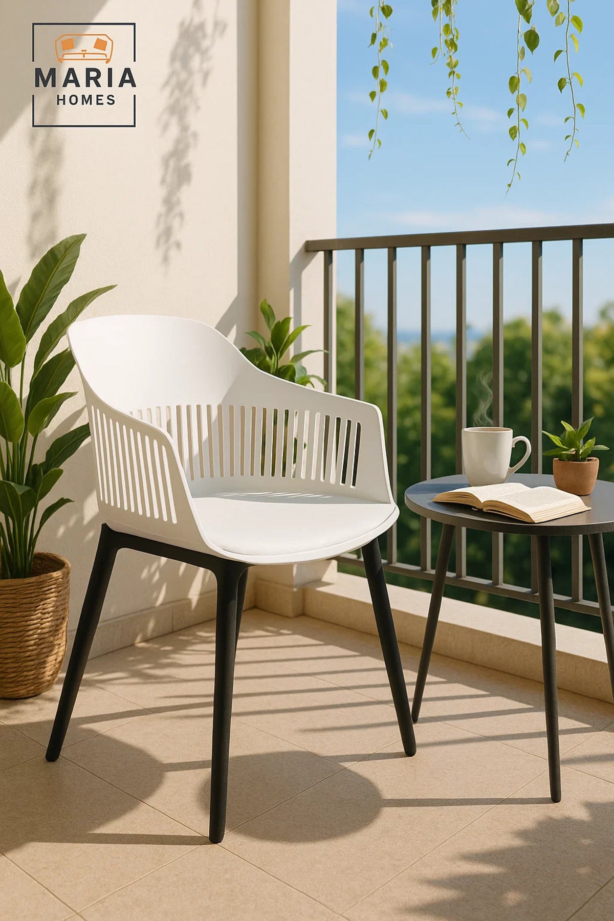 White Plastic Armchair with Black Legs Modern Ventilated Backrest Chair for Indoor & Outdoor Seating