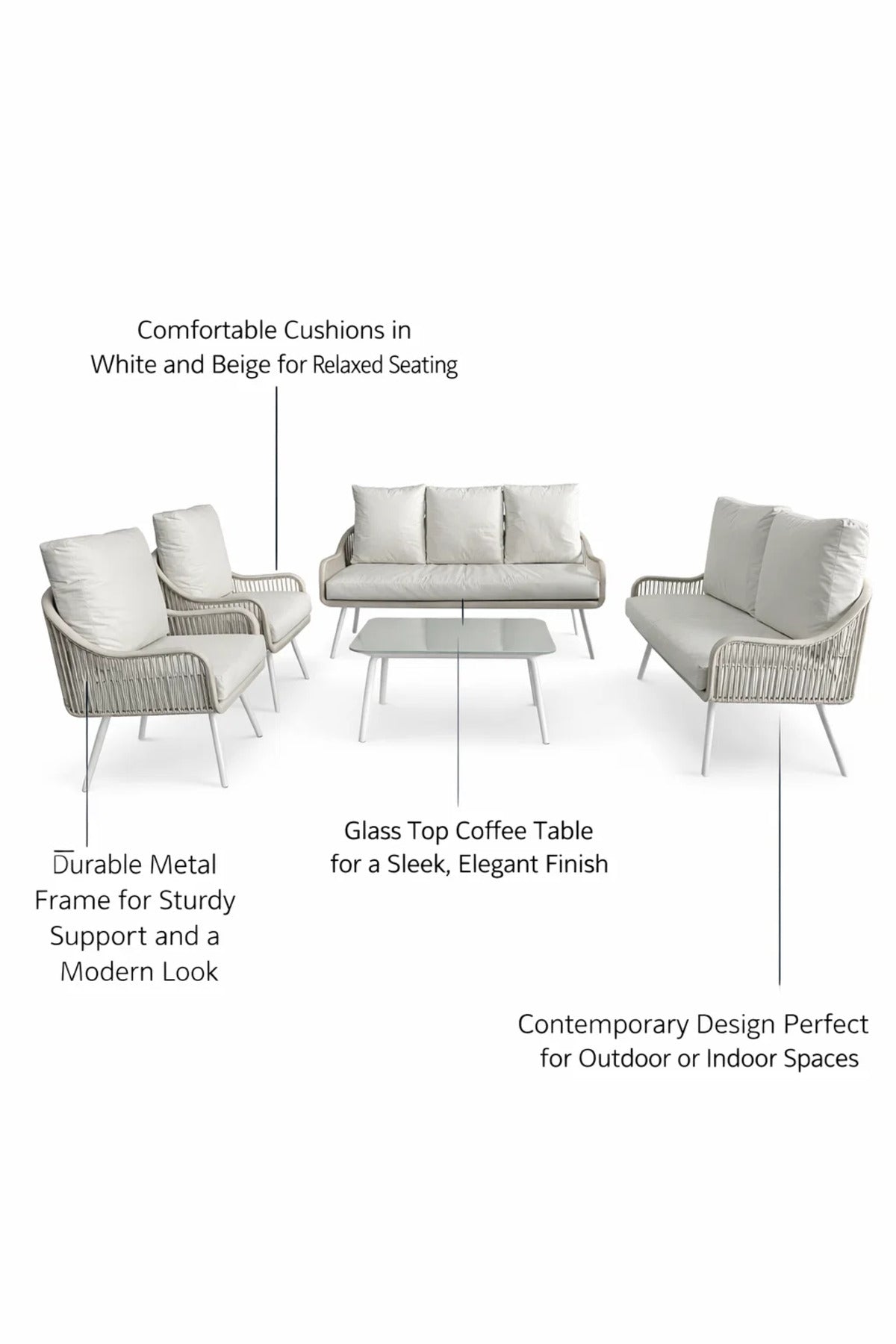 Elegant White and Beige 7Piece Sofa Set with Glass Coffee Table Outdoor or Indoor Seating