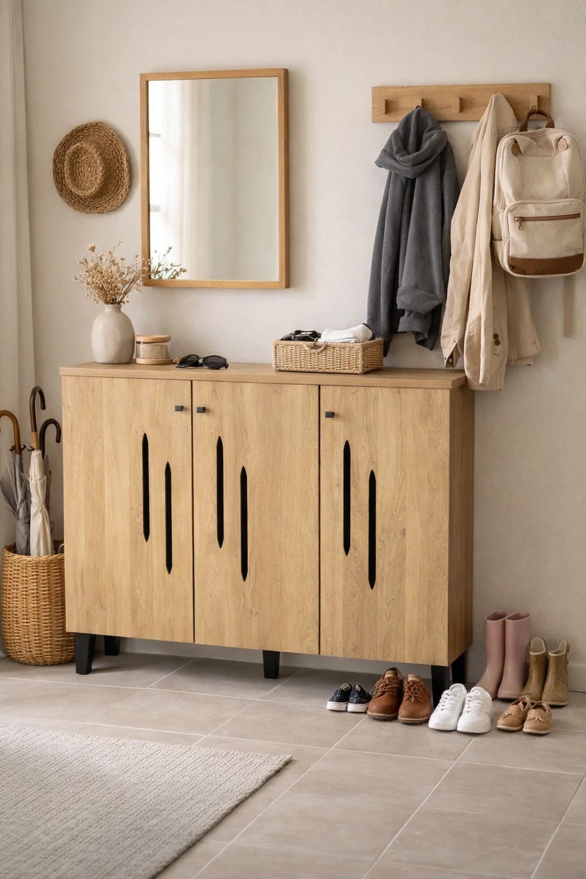 Modern Wooden Shoe Cabinet Light Brown with Vertical Cut Out Design 120 x 32 x 94 cm