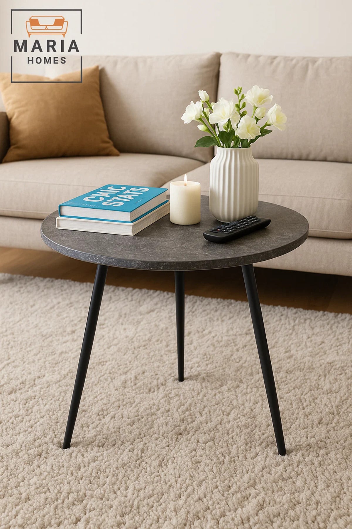 Round Stone-Effect Side Table with Black Tapered Legs