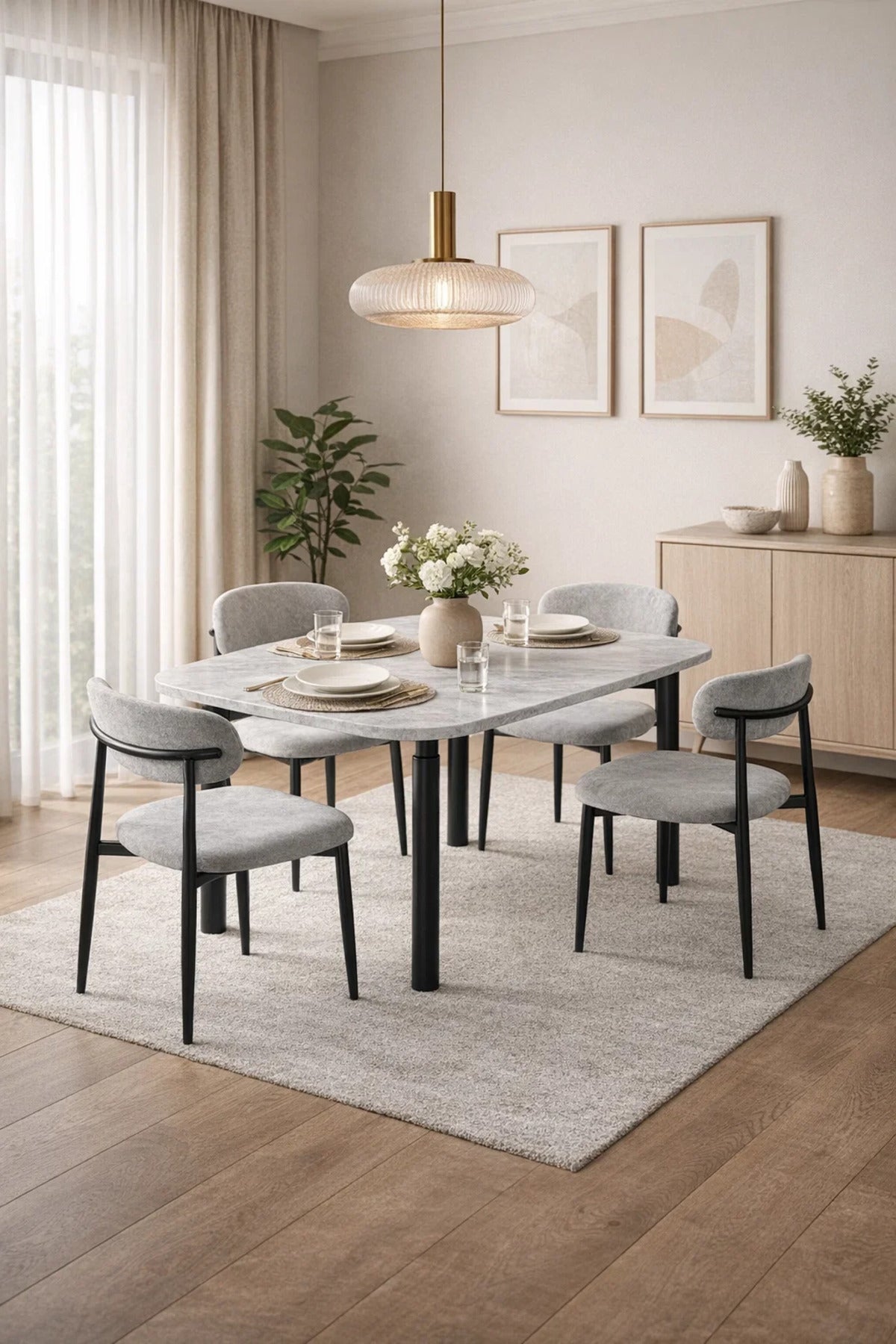Grey Marble-Look Dining Table Set with 4 Chairs √ê 160_90cm