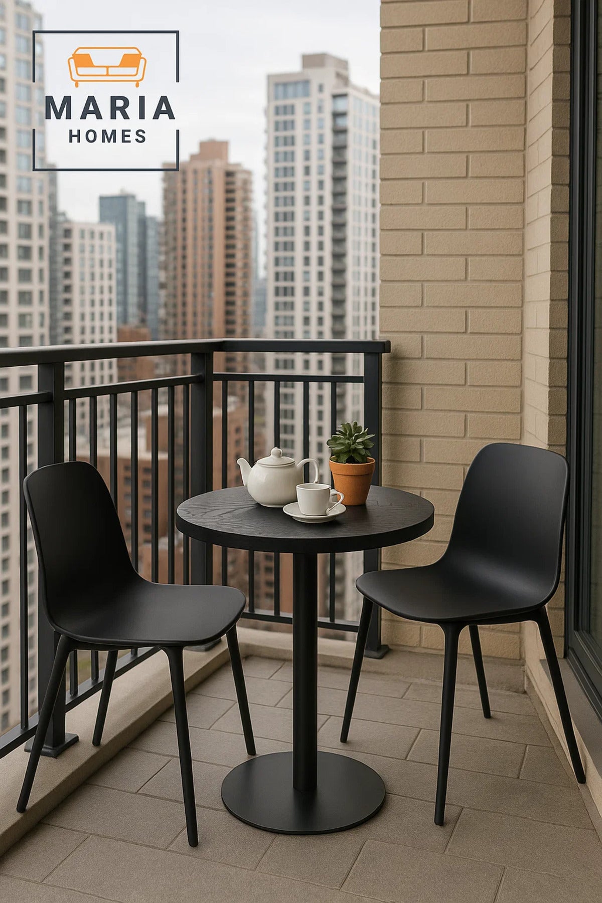Round Black Pedestal CafŽ Table with Wooden Top
