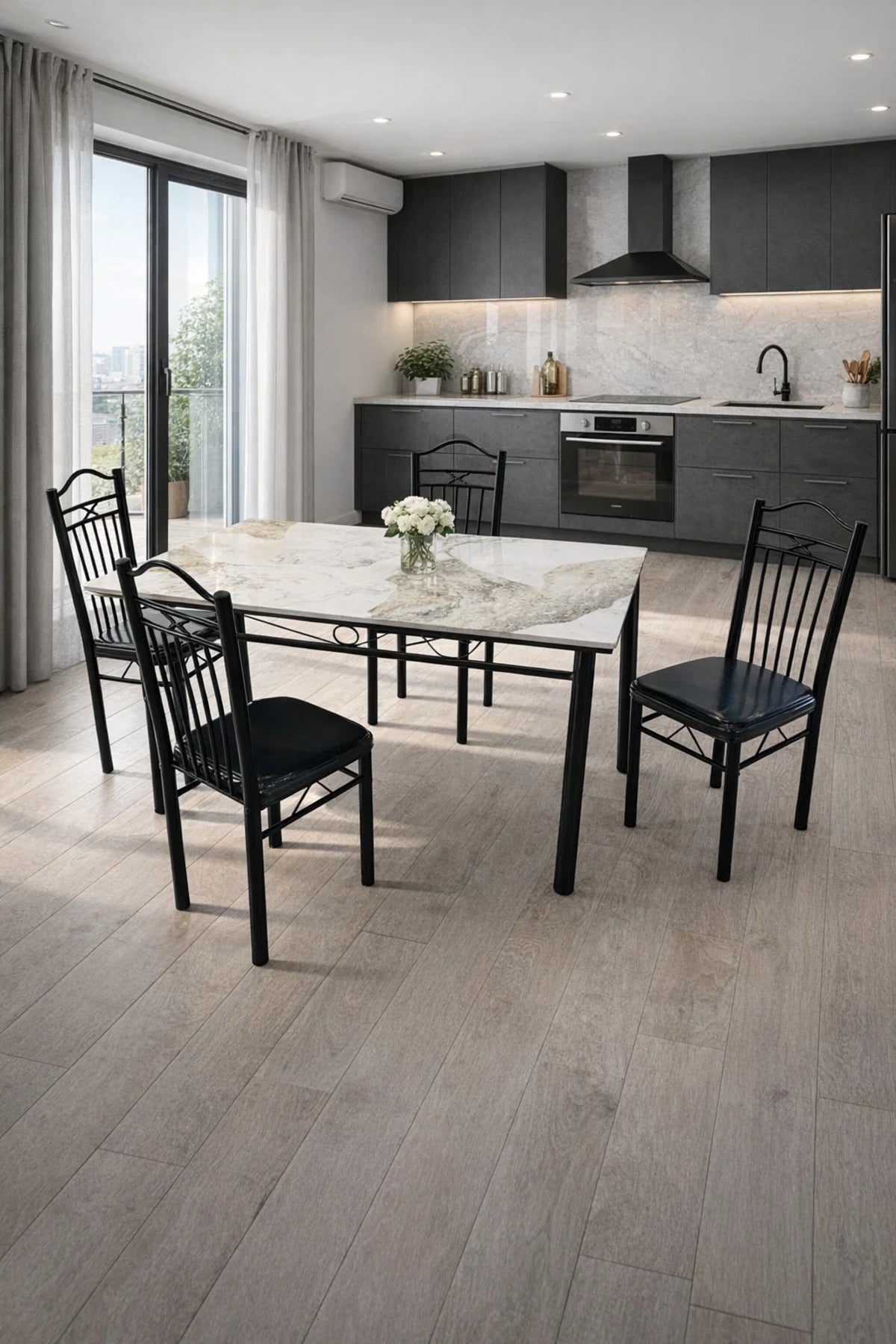 Modern 5-Piece Dining Table Set Marble Pattern Top Metal Legs 4 Chairs for Kitchen Room 120x70cm