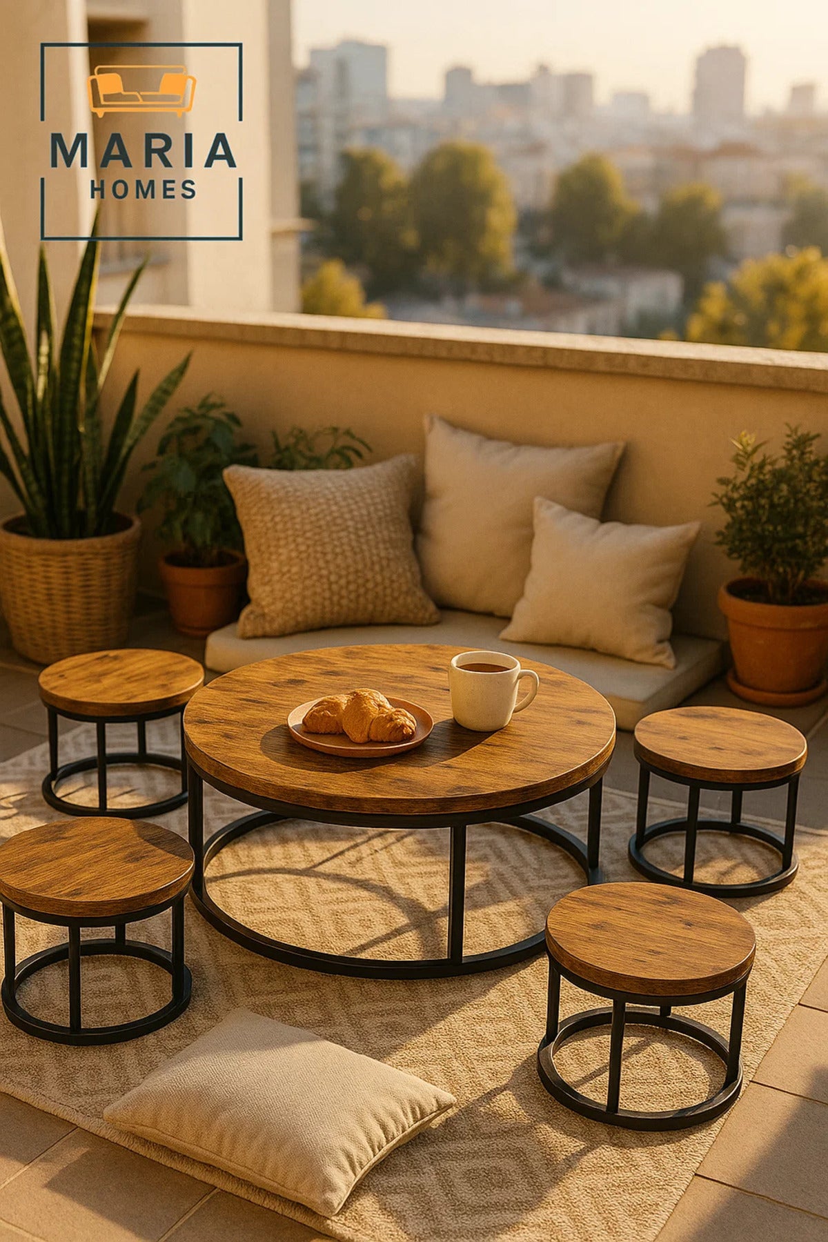 Rustic Round Coffee Table Set √ê Vintage Wood Finish with Black Metal Frame Living Room 5Piece
