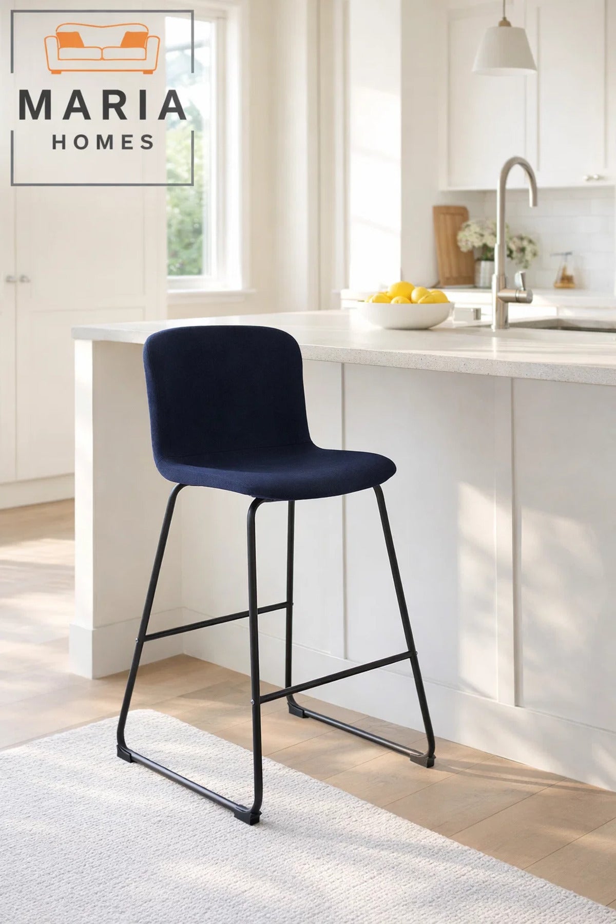 Blue Upholstered Bar Stool with Black Metal Frame Ð Modern Counter Chair