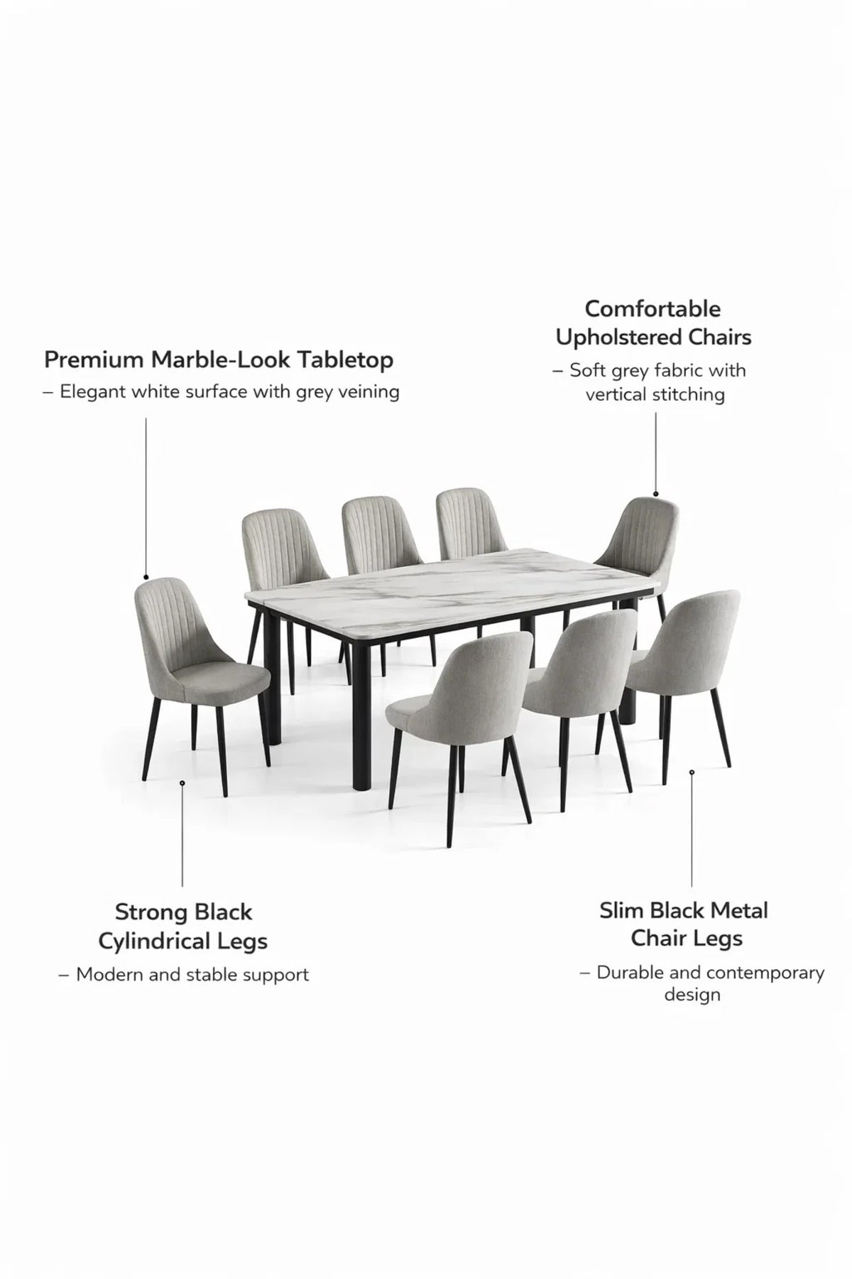 Contemporary 7-Piece Dining Room Set with White Faux Marble Table and Six Grey Tufted Chairs