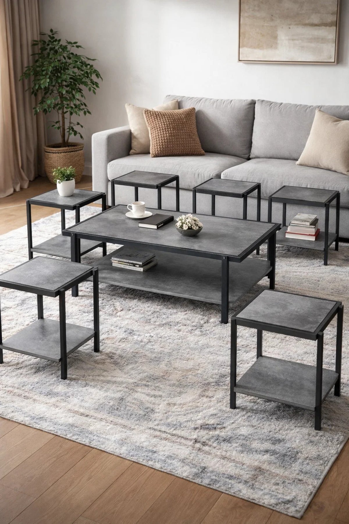 Modern Grey Coffee Table Set with 6 Side Tables and Shelf modern grey coffee Center